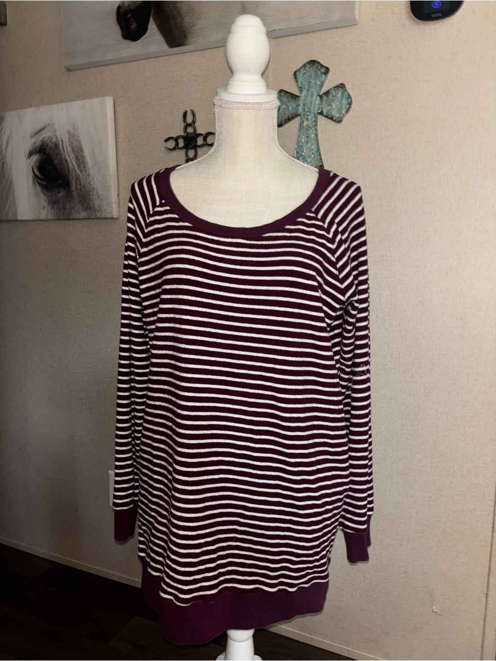 Umgee Striped Long-Sleeve Tunic Top - Burgundy & White